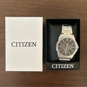 NWT Men's Citizen Analog Watch Stainless Steel Black Dial Silver Strap